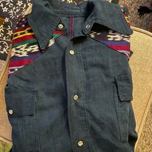 VINTAGE BLUE COTTON & GUATEMALAN IKAT L/S BUTTON DOWN